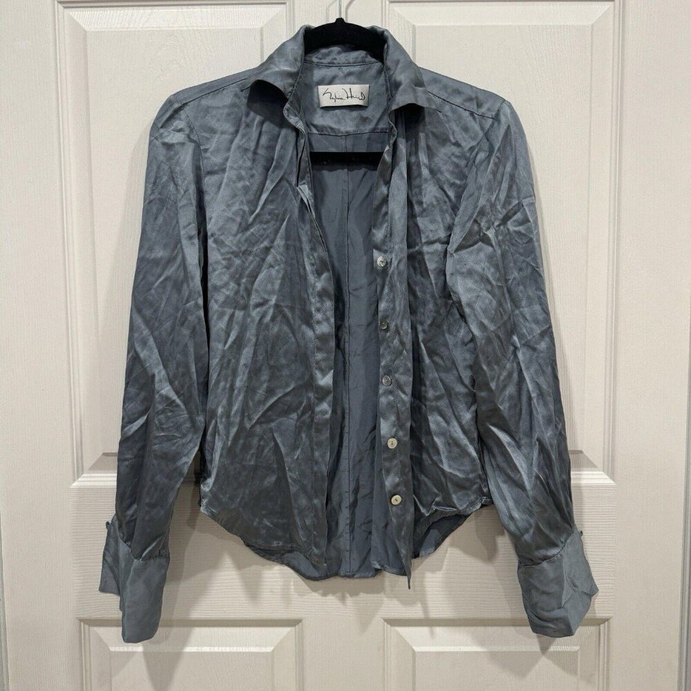 Sylvia Heisel Womens 100% Silk Blouse Size 4 Blue Button-Up Sleeve